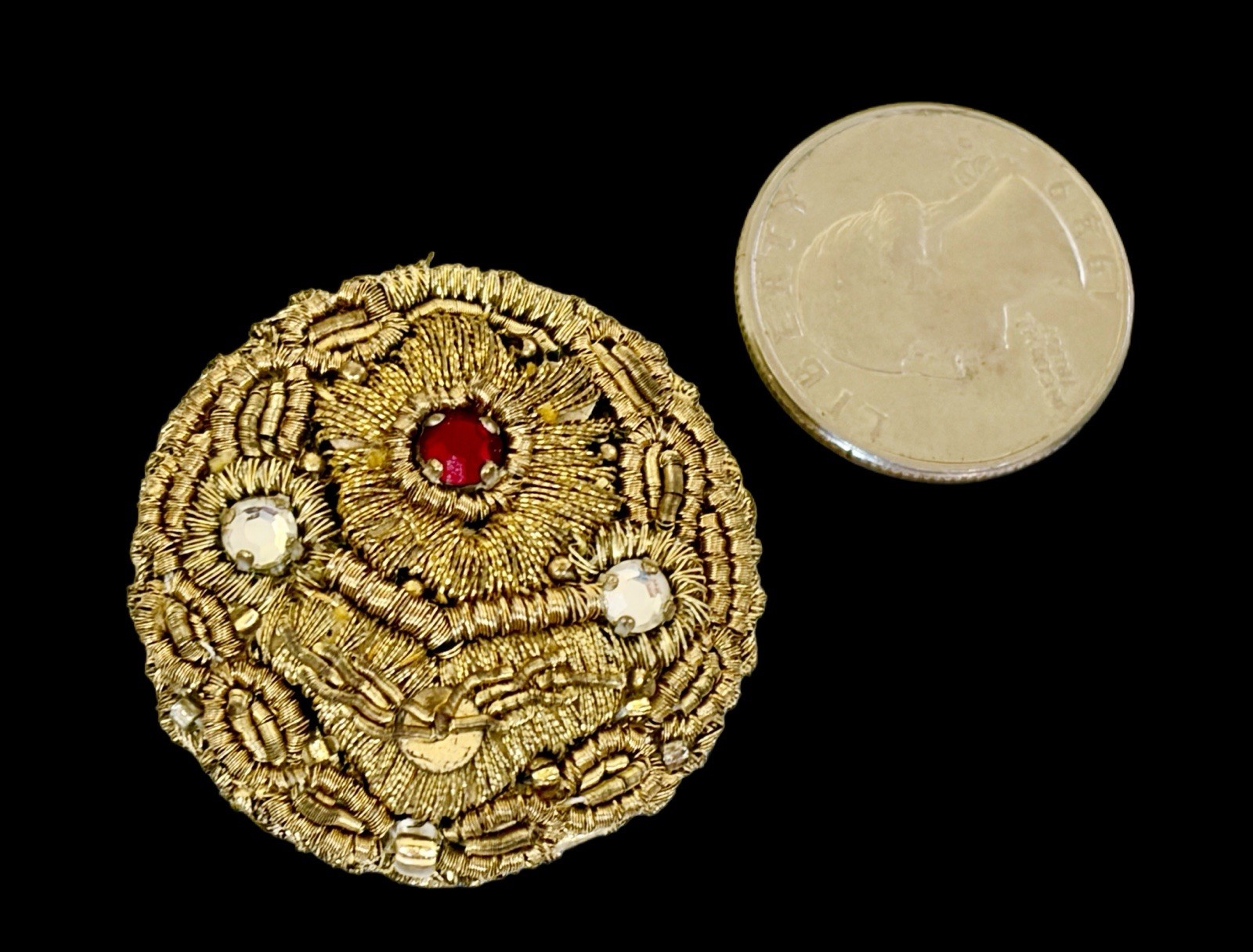 Vintage Round Golden Floral Thread-Work & Rhinestone Brooch~C-Clasp~1930s