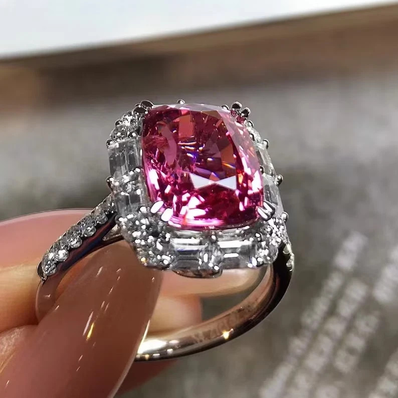 6.50Ct Cushion Cut Natural Pink Sapphire & Solid 14K White Gold Engagement Ring