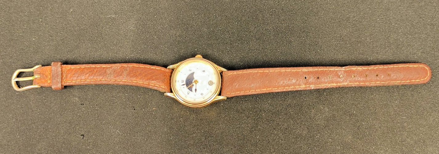 Timex 364 T Cell Moon Phase Quartz Wristwatch Gold Tone Brown Leather Band