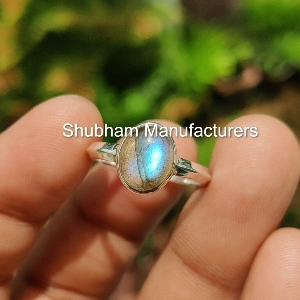 Natural Labradorite Blue Flash Knife Edge Ring 925 Silver Handmade Jewelry Gift
