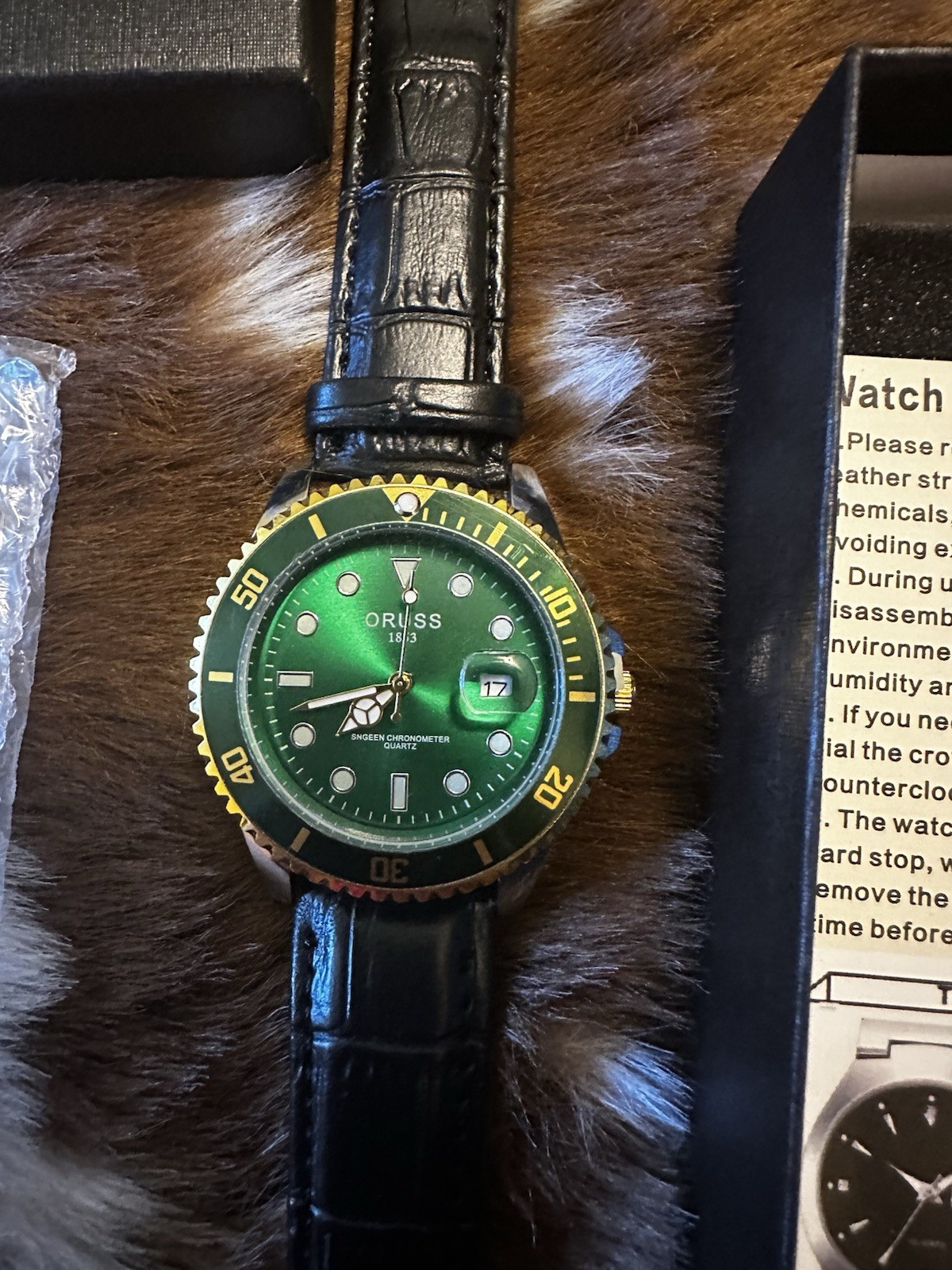 ORUSS 1893 Green Dial Quartz Diver Men’s Watch Date Black Leather Strap Box