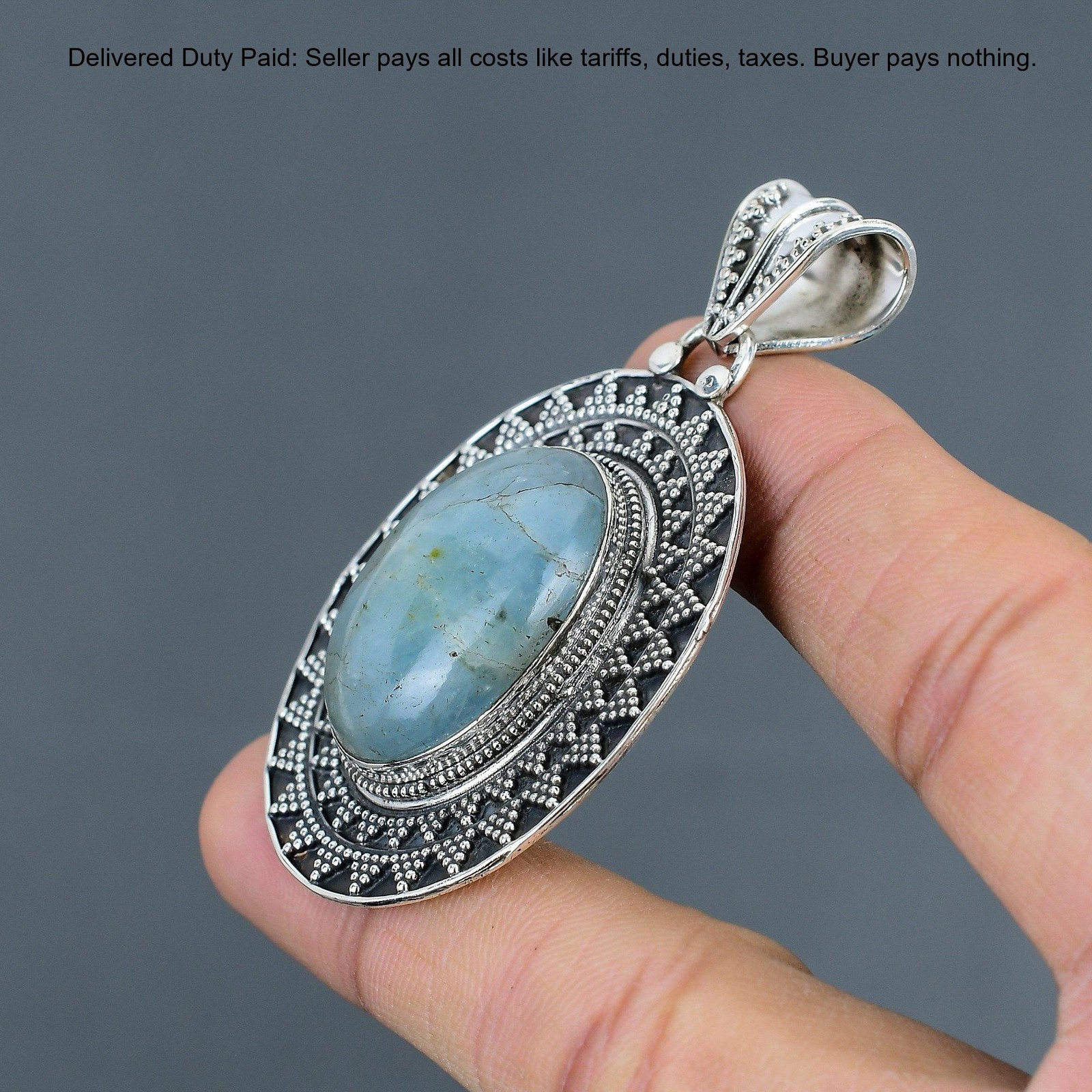 925 Sterling Silver Oval Natural Aquamarine Vintage Anniversary Pendant Jewelry