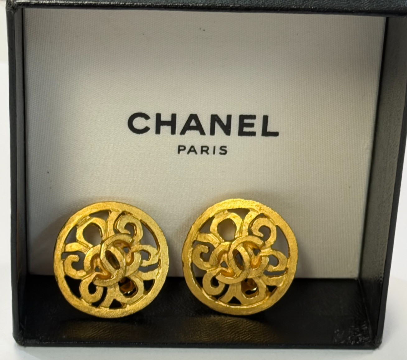 Vintage Chanel Gold Tone Round CC 1995 Open Design Earrings