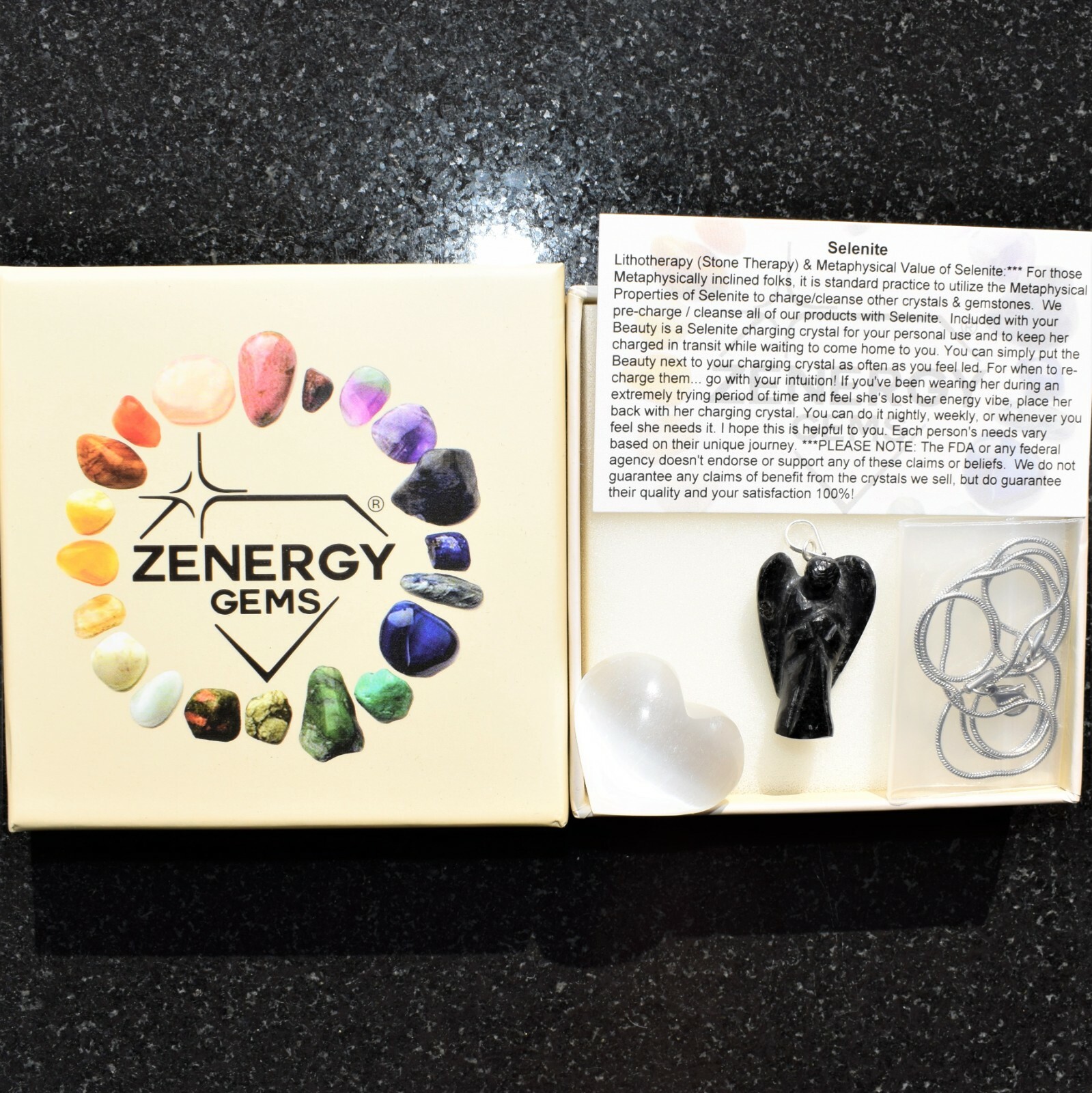 CHARGED Black Tourmaline Crystal Angel Pendant + 20″ Stainless Steel Chain