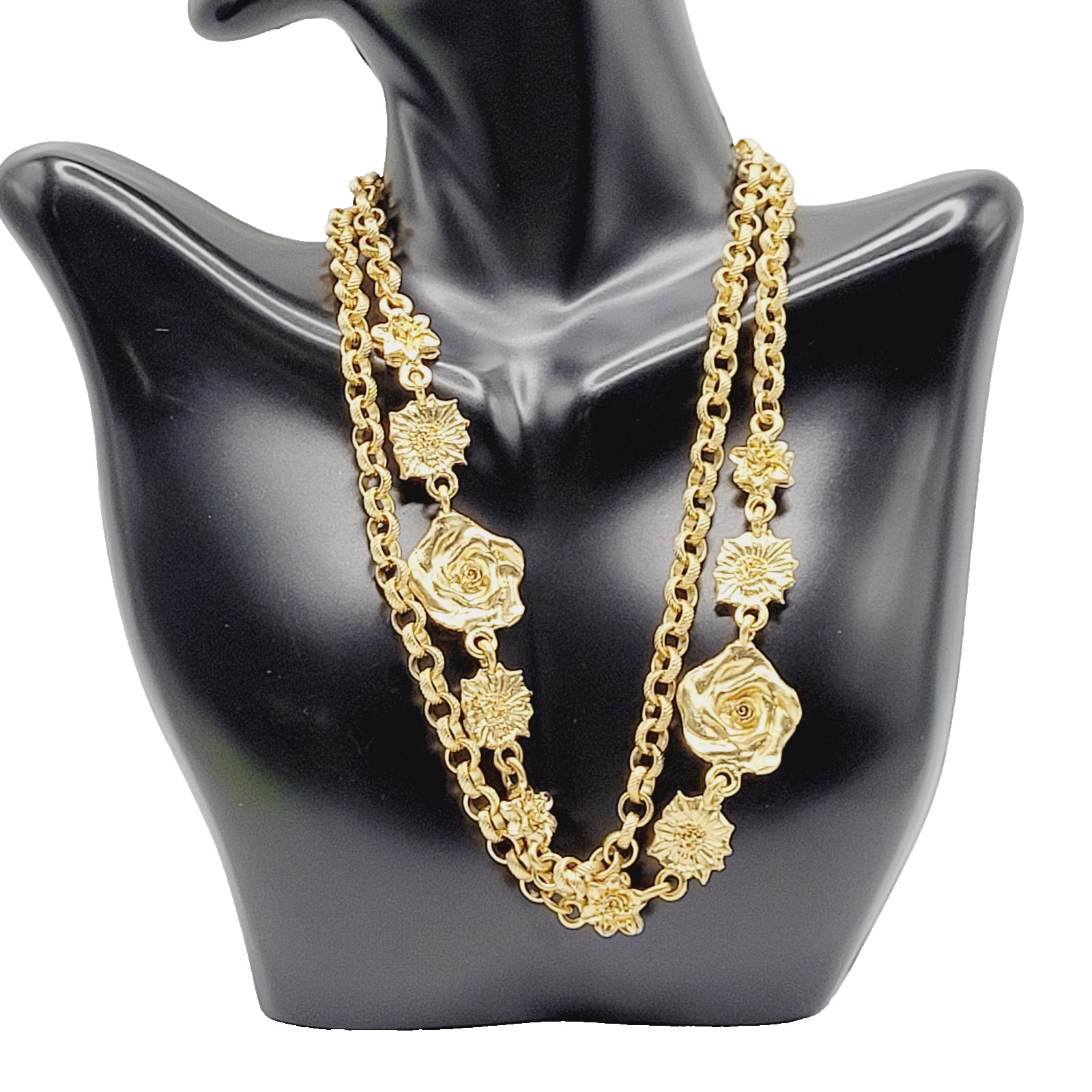 Unique Rose Floral Station Style Bright Gold Tone Sautoir Vintage Necklace Korea