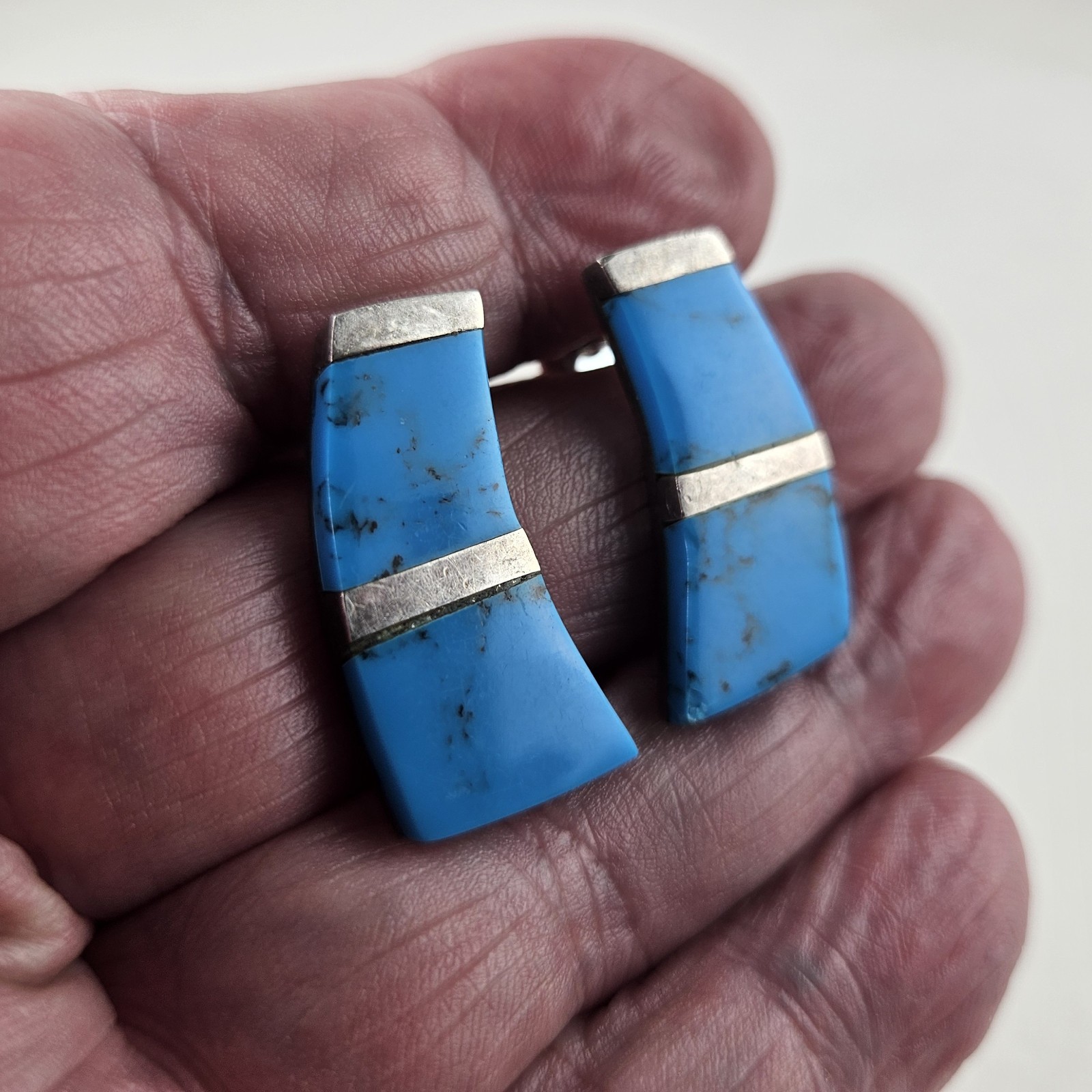 Sterling Silver Earrings Mexican Taxco Turquoise Dangle TR-110 13.0g [9016]