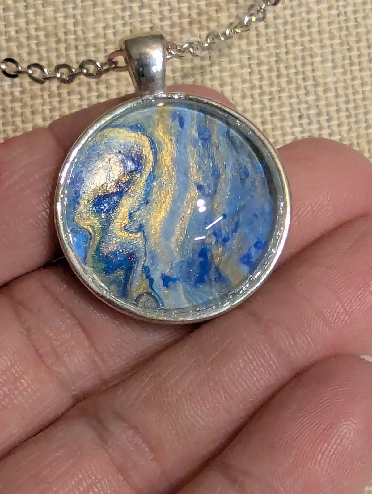 Hand Painted Abstract Blue Pendant Silver Tone Necklace Glass Dome Bezel 24 Inch