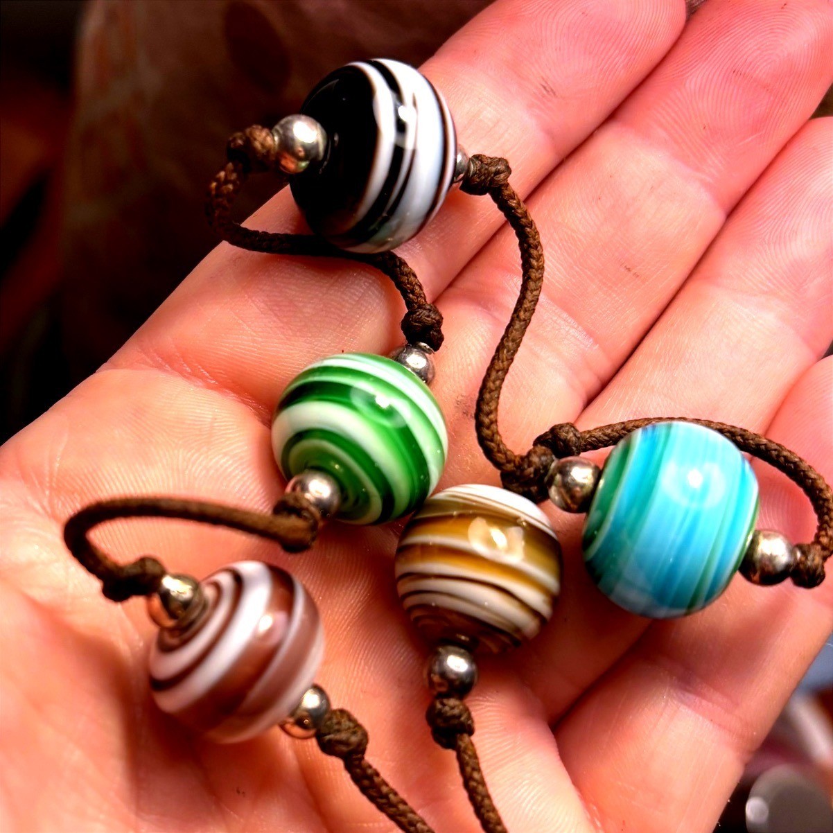 Boho Swirl Glass Bead Cord Necklace Adjustable Brown Knotted Multi Color Striped
