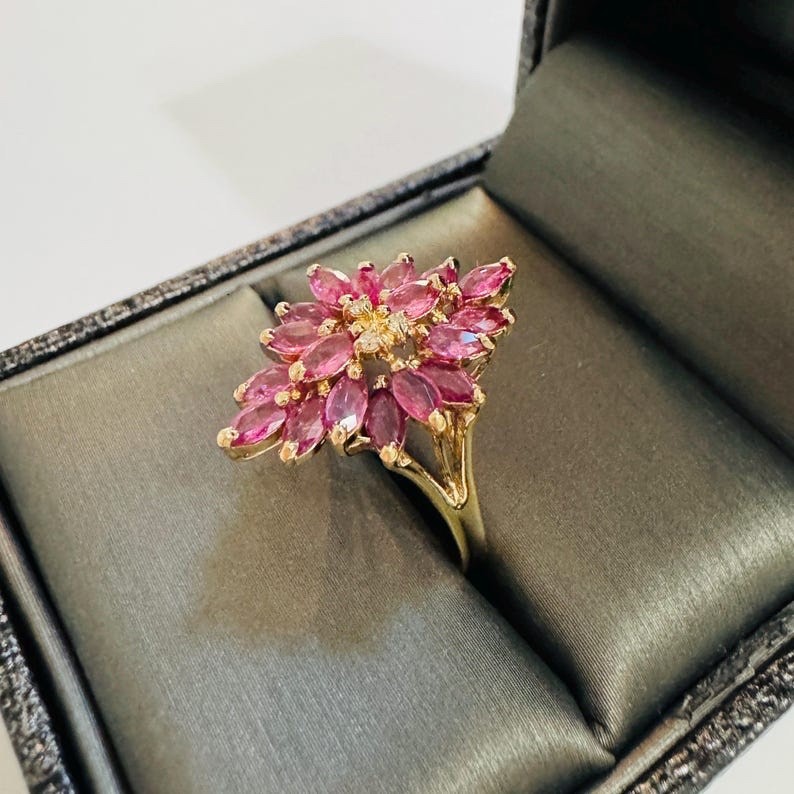 1960s 2.4ctw Natural Marquise Ruby & Diamond Solid 14k Yellow Gold Ring Sz 7
