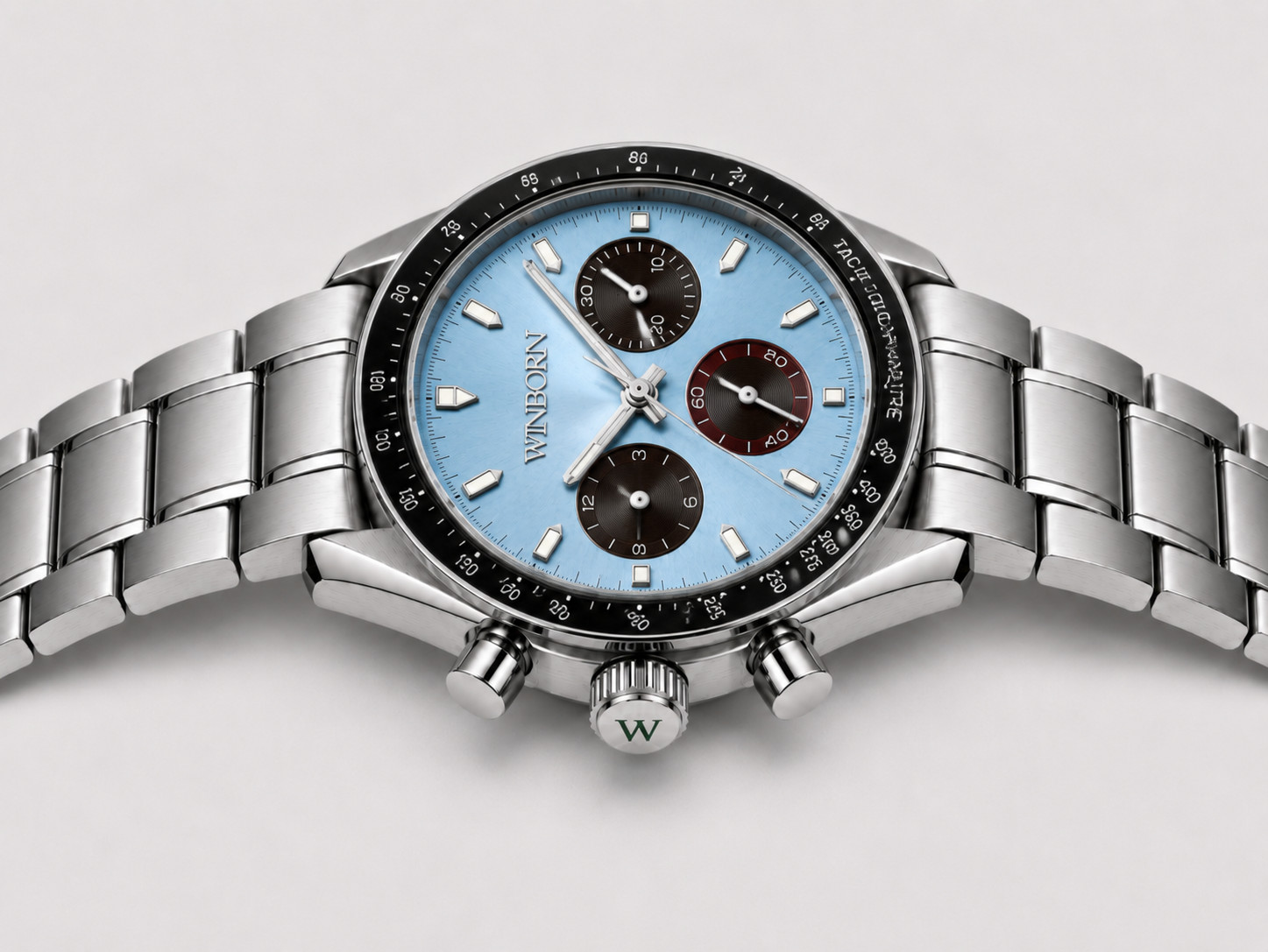 Winborn Ice Blue Panda Dial Chronograph Watch Stainless Steel Tachymeter 41mm
