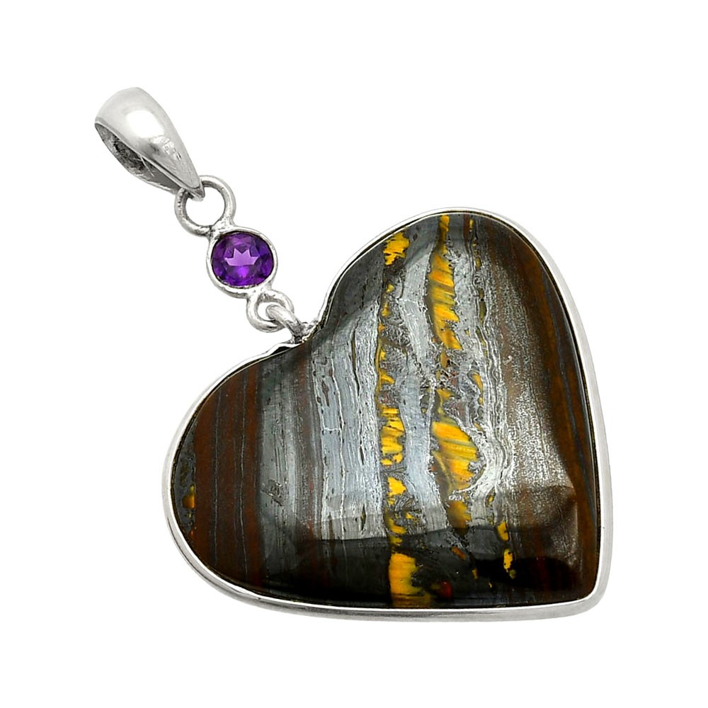 Heart – Iron Tiger Eye & Amethyst 925 Sterling Silver Pendant Jewelry P-1098