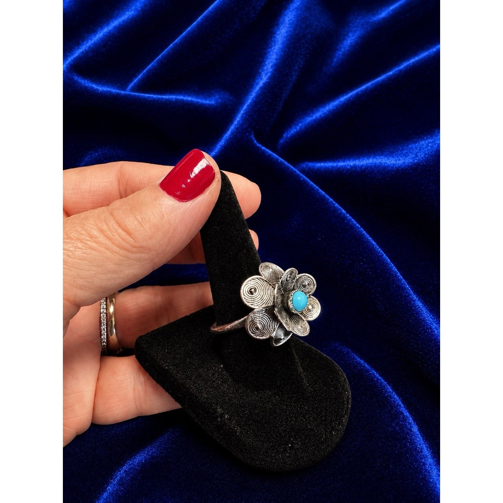 Vintage Sarah Coventry Spinner Ring Adjustable Silver Tone Faux Turquoise Signed