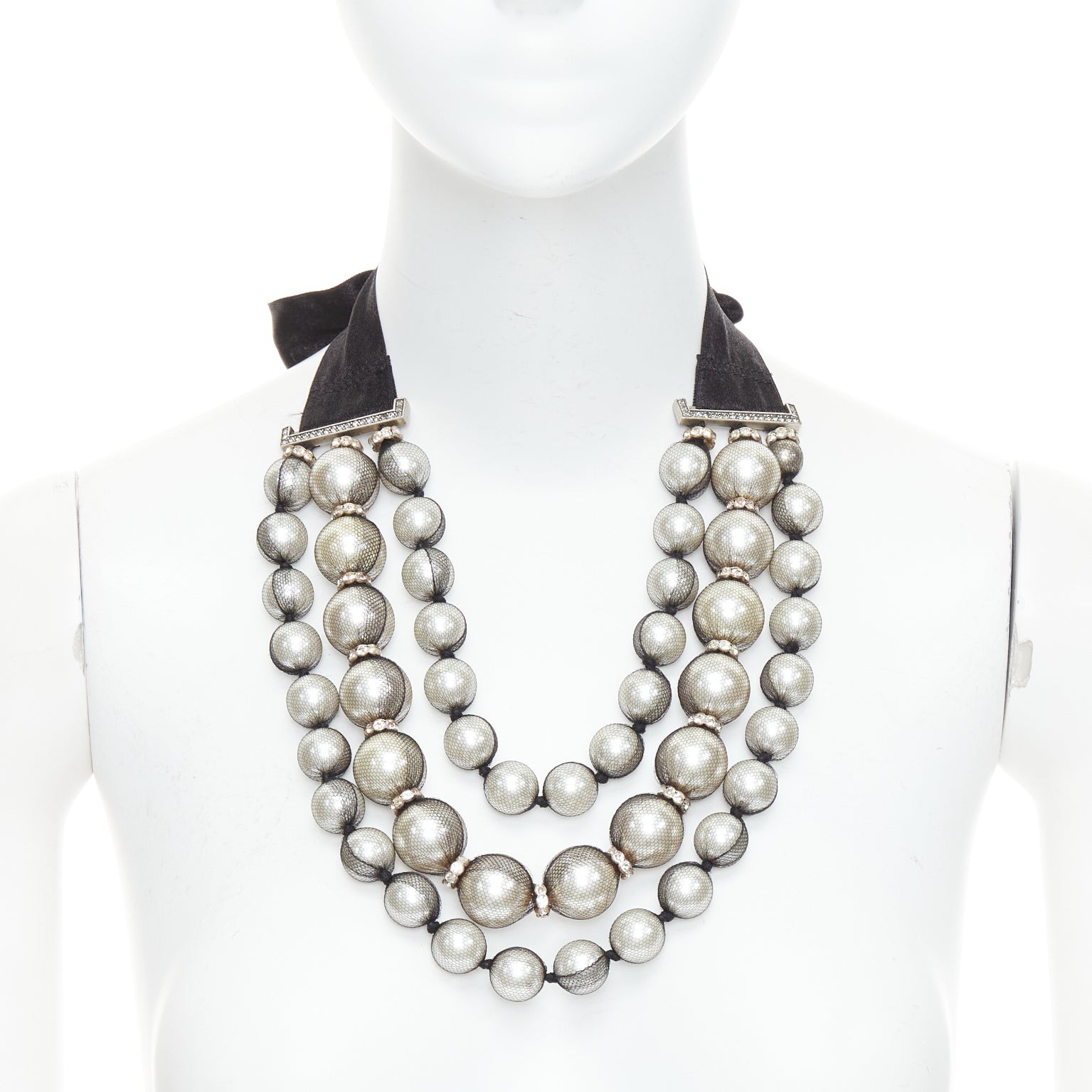 rare LANVIN black strand wrapped faux pearl crystal ribbon tie necklace
