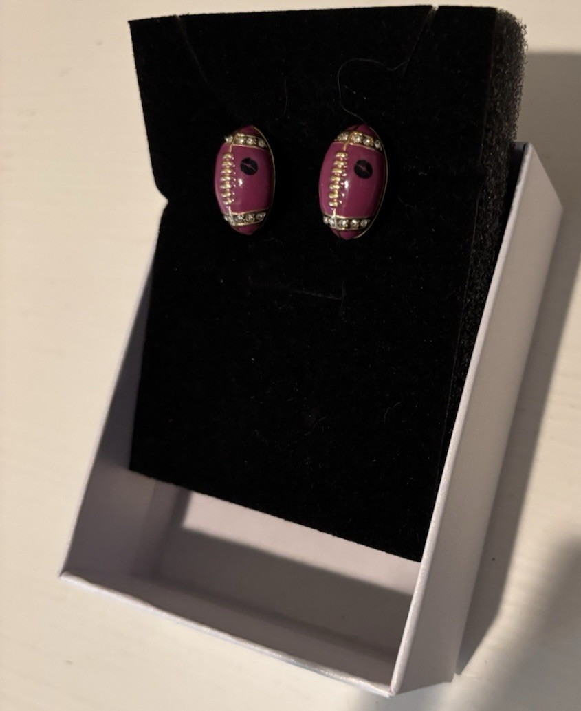Betsey Johnson Football Stud Earrings RARE Pink Maroon Sparkles