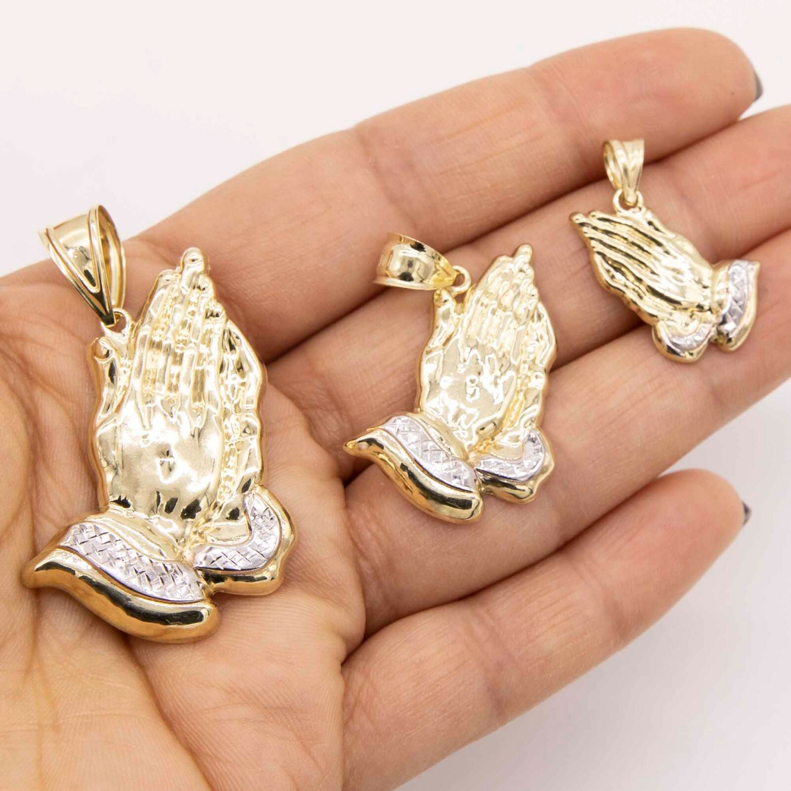 Diamond-Cut Praying Hands Pendant Real 10K Yellow White Gold All Sizes