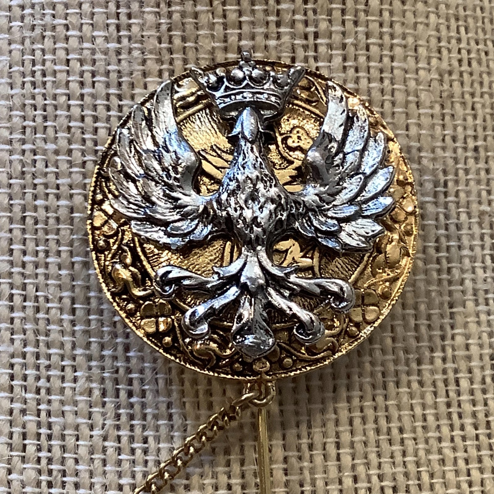 Arthur Pepper gold silver crown Fleur De Lis Eagle lapel stick pin Medieval king