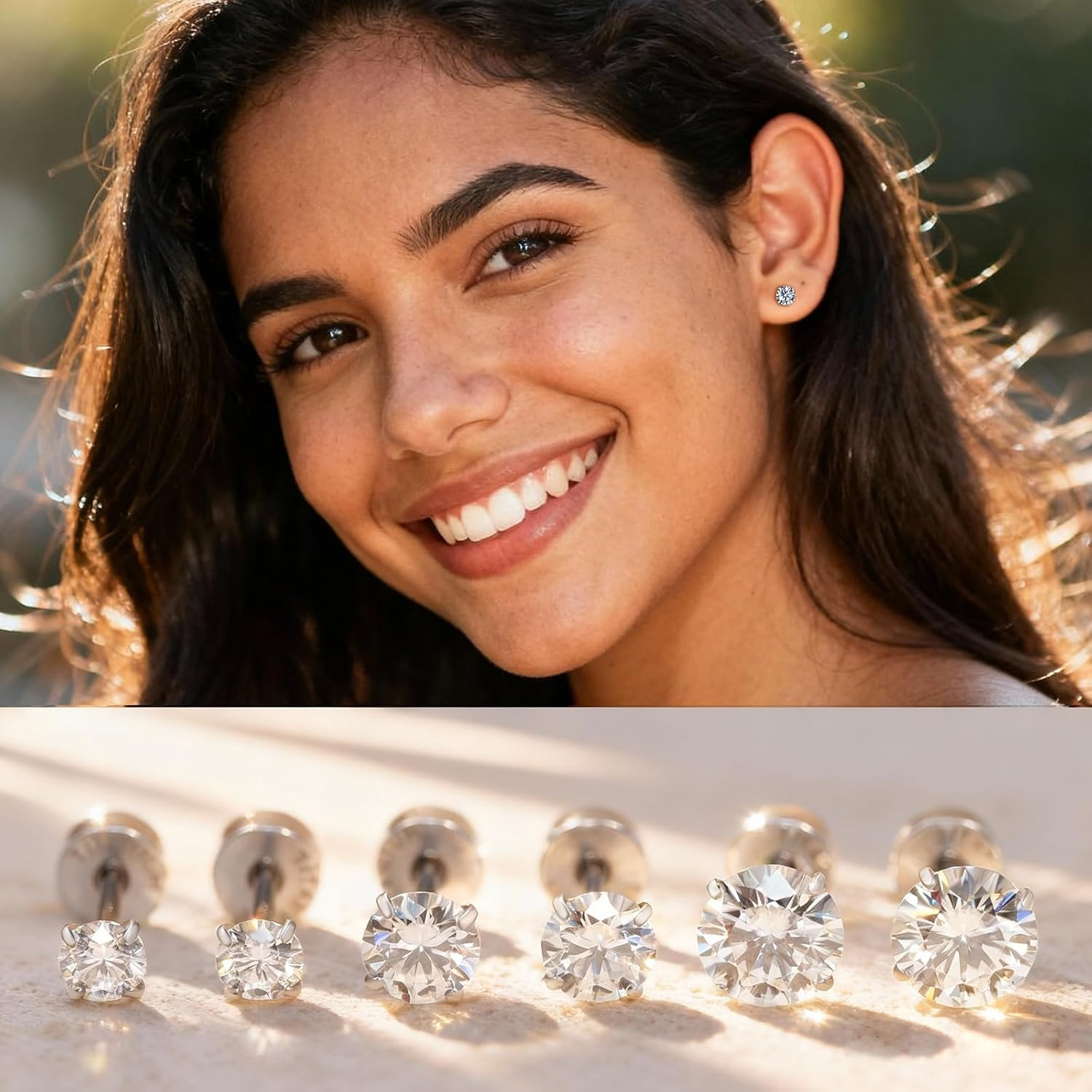 Moissanite Stud Earrings, 3 Pairs Titanium Screw Back Earring, D Color VVS1 Clar
