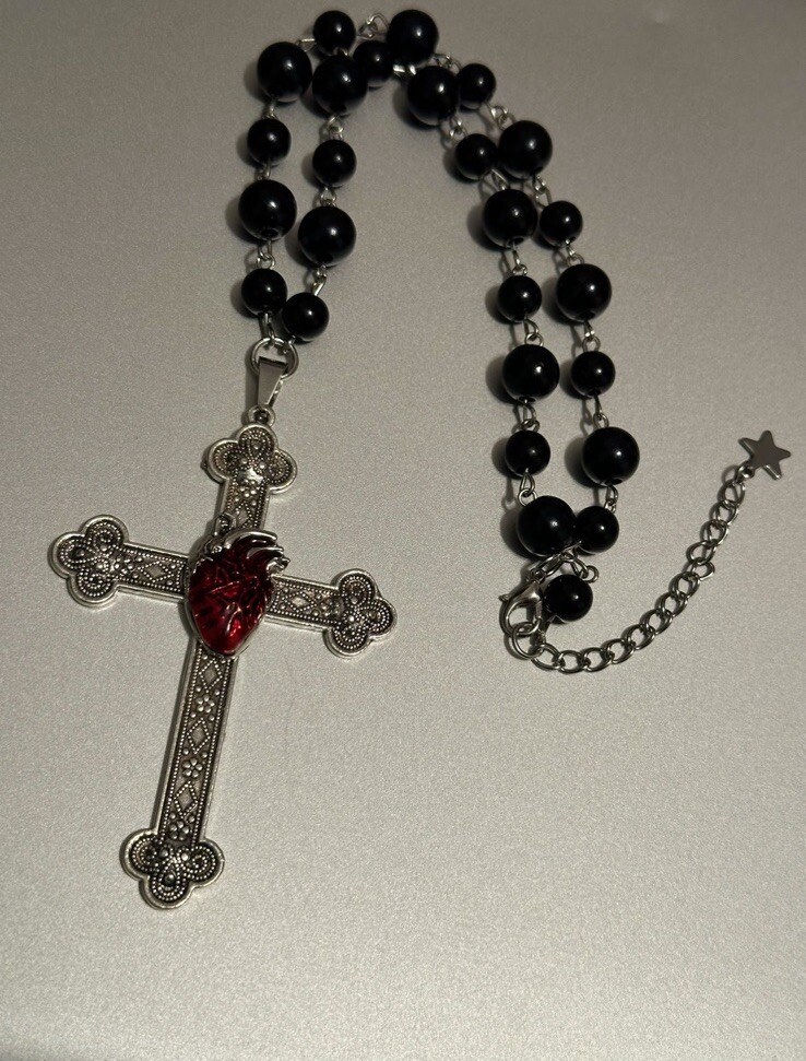 Large Victorian Cross Necklace Chain Silver Religious Gothic Grunch Whimsgoth