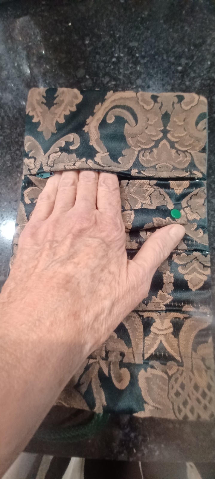 Vintage New Jewelry Roll, Travel Jewelry Roll Bag, Damask Green and Tan