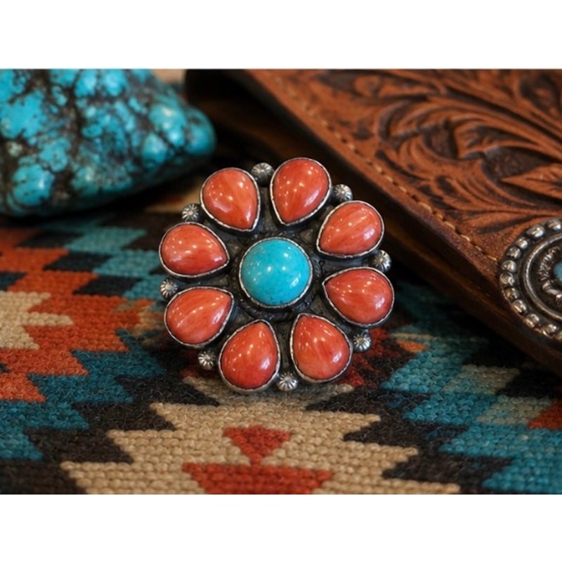 Turquoise & Red Coral Cluster Flower Ring Sterling Silver