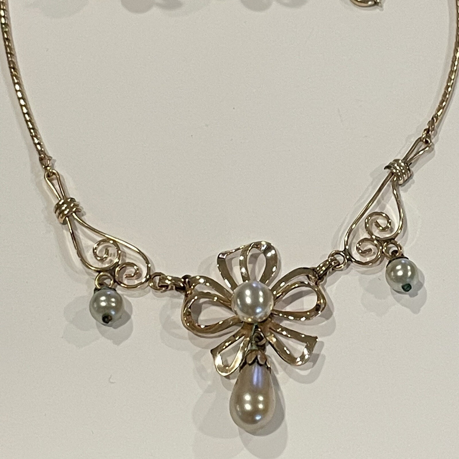 Vintage Van Dell 12k Gold Filled Bow Necklace And Earrings Set Pearls