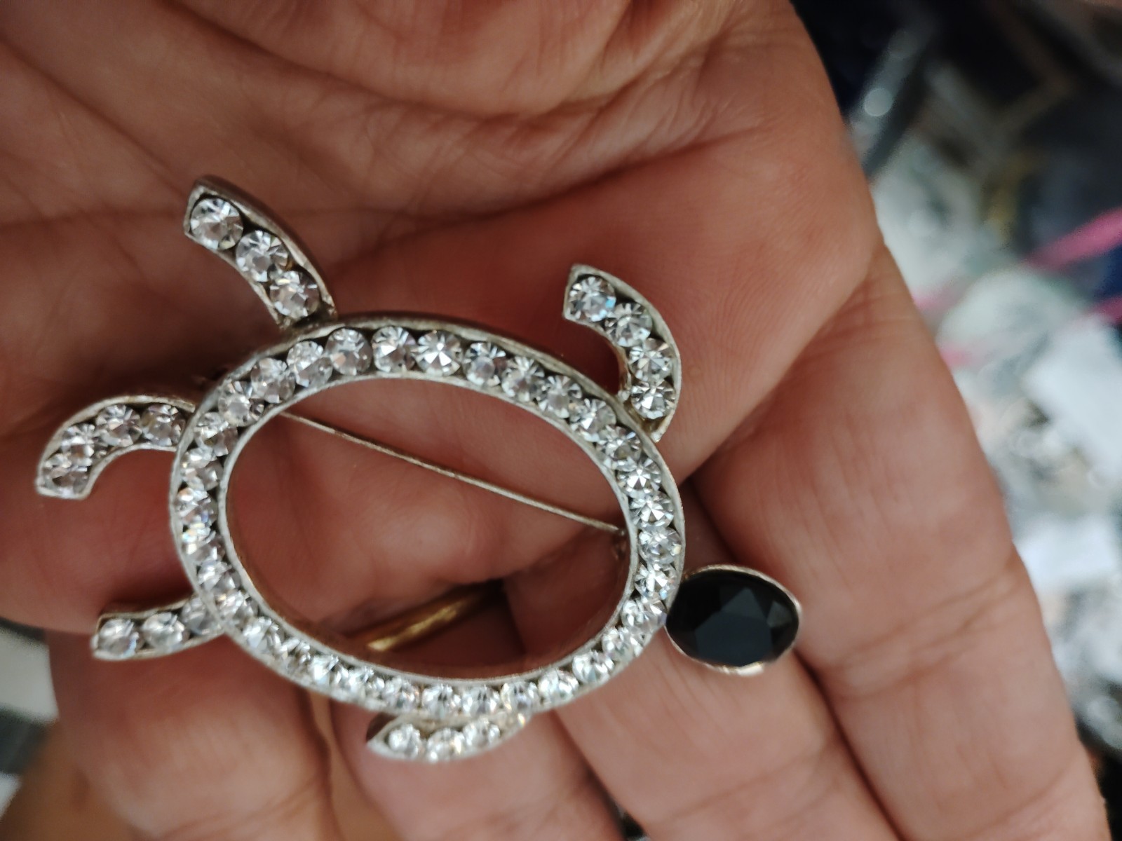 Silver Tone Turtle Brooch Pin Clear Round Rhinestones Black Accent Animals