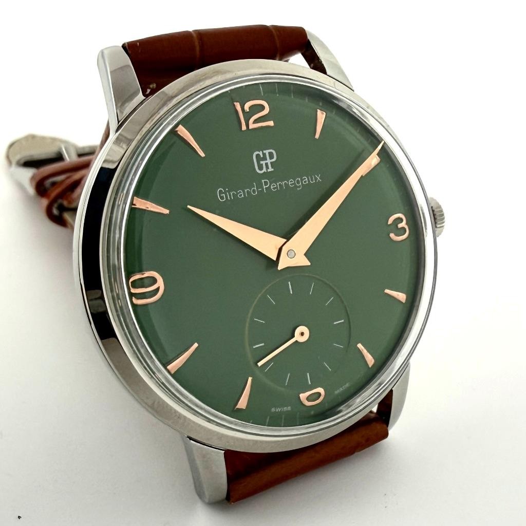 LARGE VINTAGE GIRARD PERREGAUX MANUAL WIND STEEL GENTS WATCH NICE GREEN DIAL