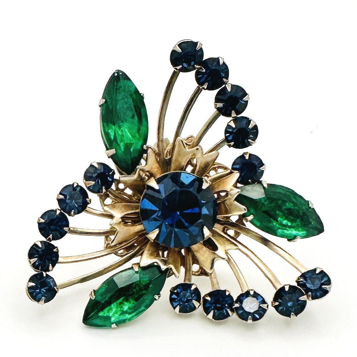 Vintage Blue Green Glass Rhinestone Mid Century Brooch Radial Fan Spray 1950s