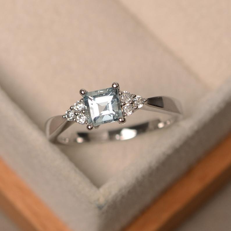1.18 Ct Princess Cut Aquamarine & Diamond Engagement Ring 14K White Gold Size 8