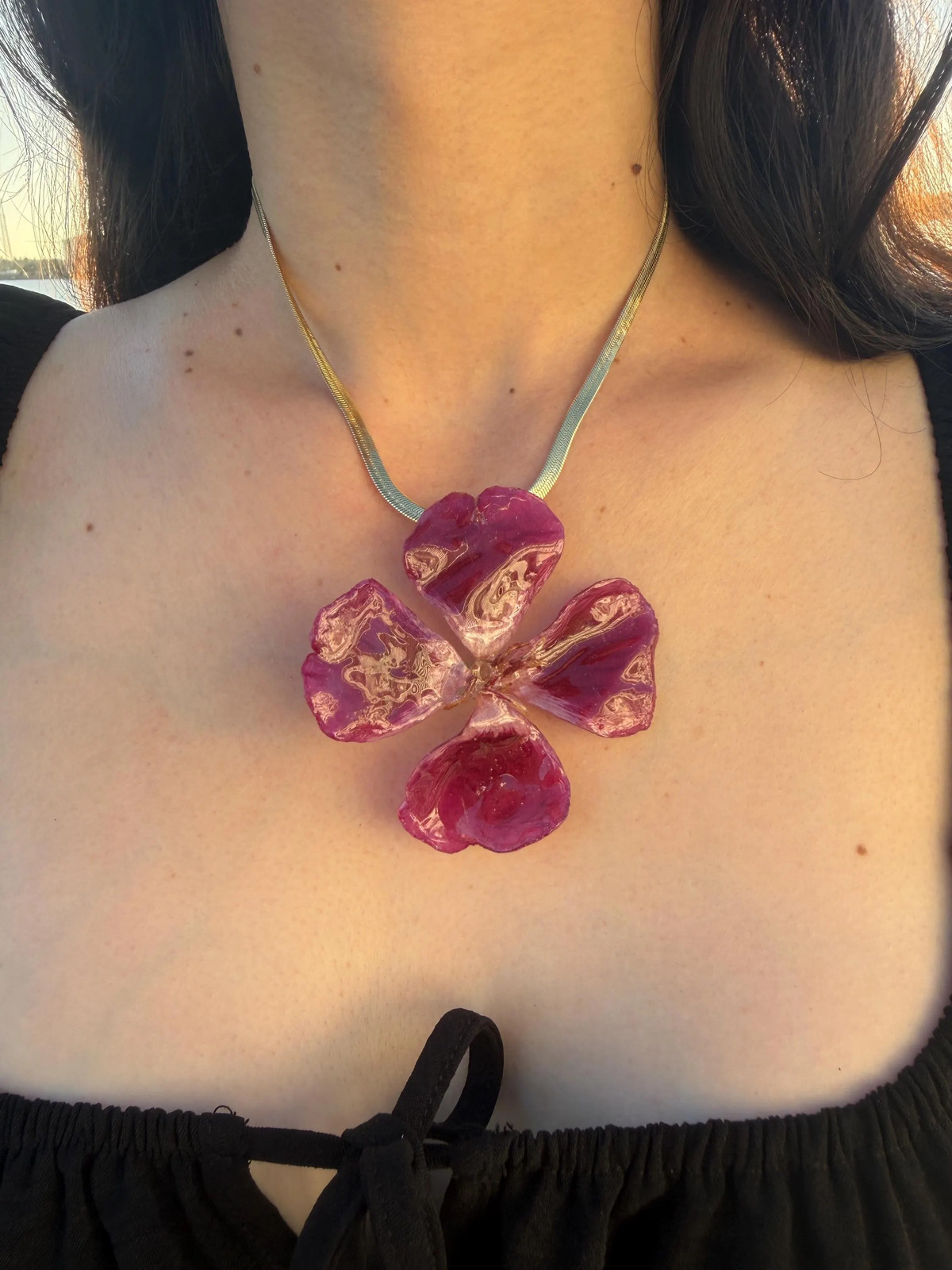 Real Pink Orchid Resin Necklace | Silver Edged Floral Pendant | Stainless Steel