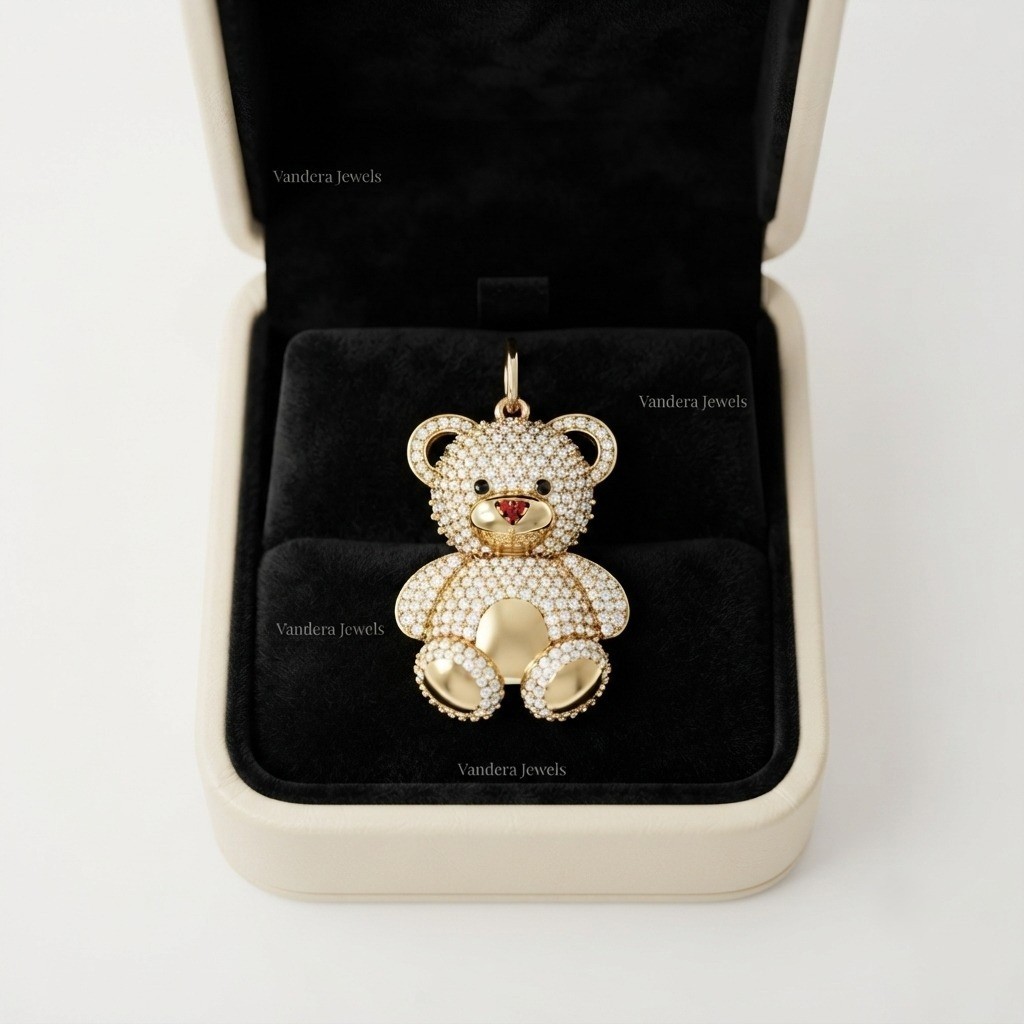 Iced Teddy Bear Pendant With Moissanite Bear Charm Made In 935 Argentium Silver