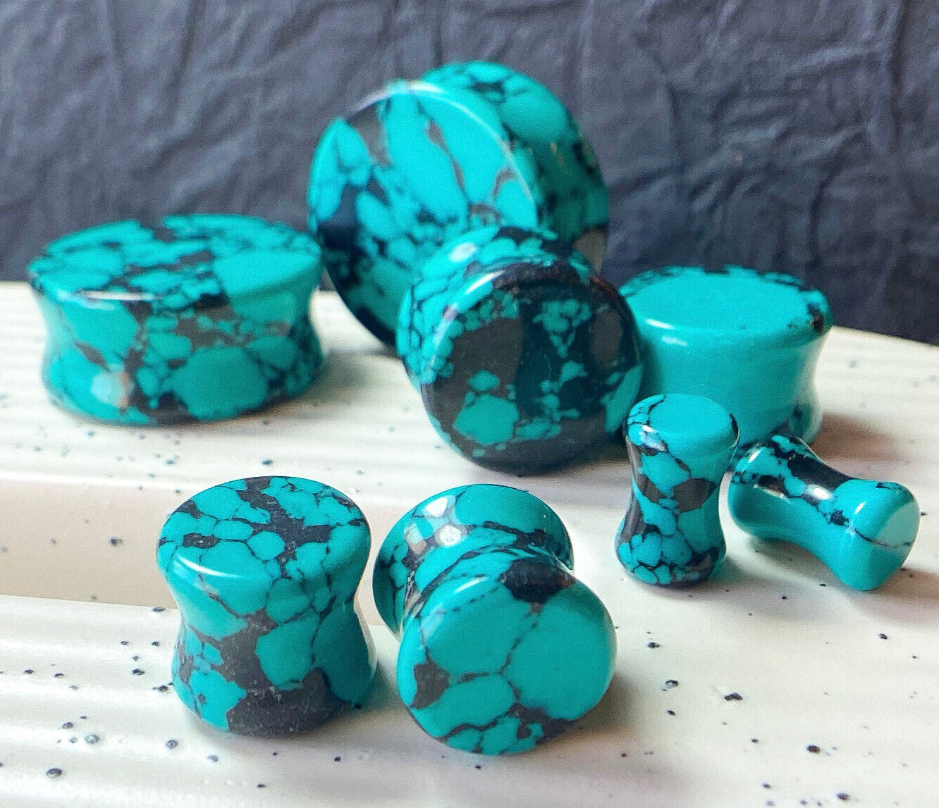 PAIR Black & Teal Synthetic Turquoise Stone Plugs Earlets Tunnels Gauges Jewelry