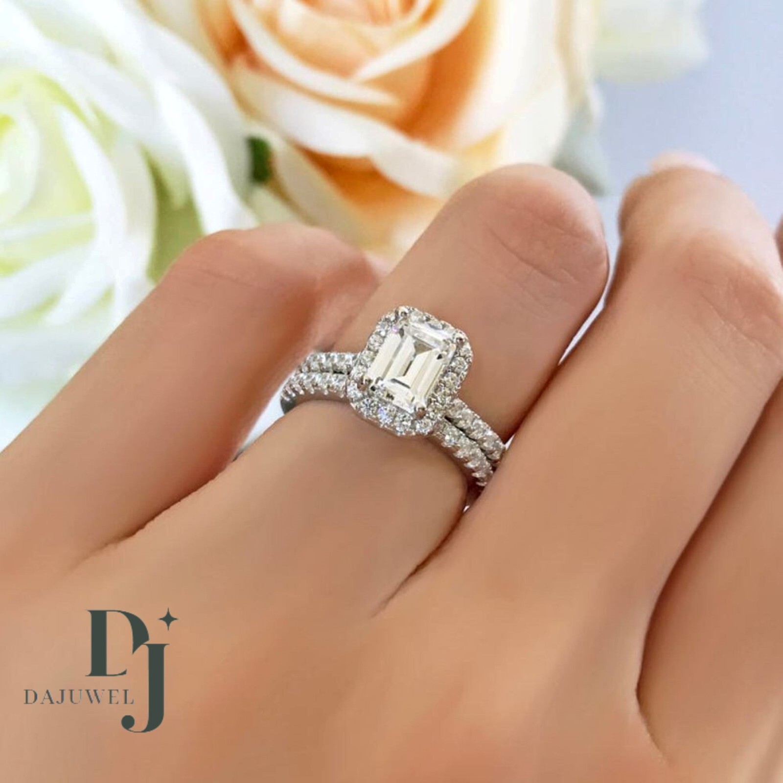 2.50 CT Emerald Cut Moissanite Bridal Set Engagement Ring Solid 14K White Gold