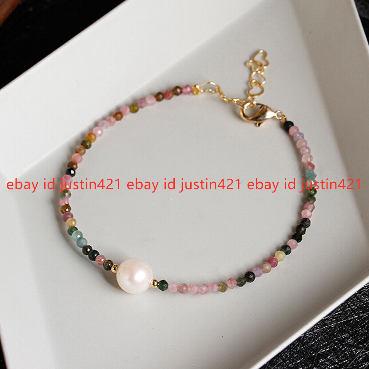 Faceted 3mm Natural Multicolor Tourmaline Round Gems White Pearl Bracelet 7.5”