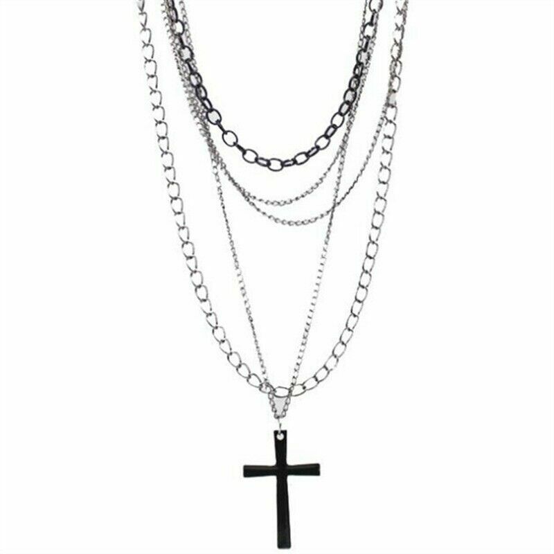 Black Gunmetal Multi- Chain Multiple, Various Length Chain Necklace with Cross.