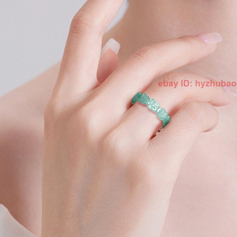 Certified Natural Burma Grade A Jade jadeite Carving Flower Lucky Unisex Ring