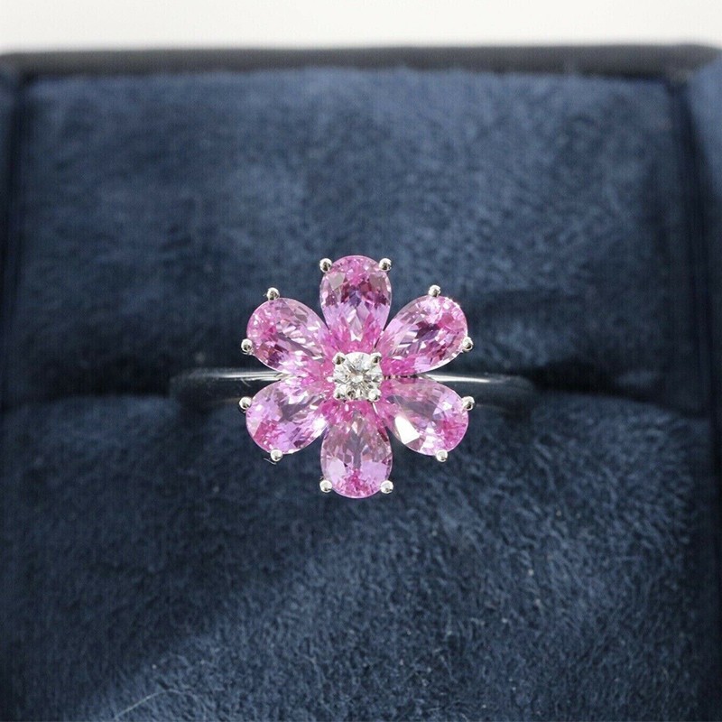 2.20Ct Pear Cut Simulated Pink Sapphire Flower Ring 14K White Gold Plated Silver