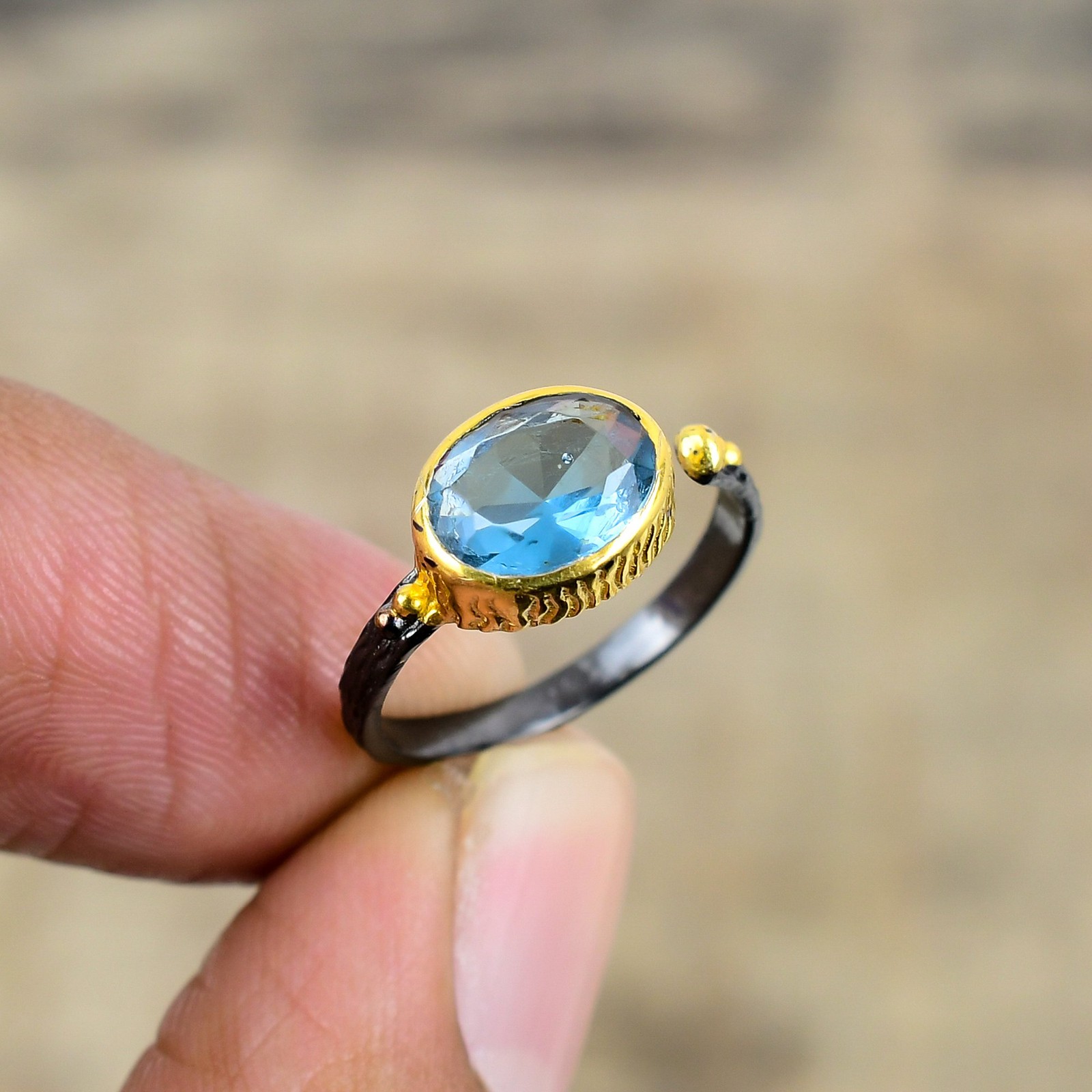 Blue Topaz Black And Gold Plated 925 Sterling Silver Ring S.Adjustable R87142
