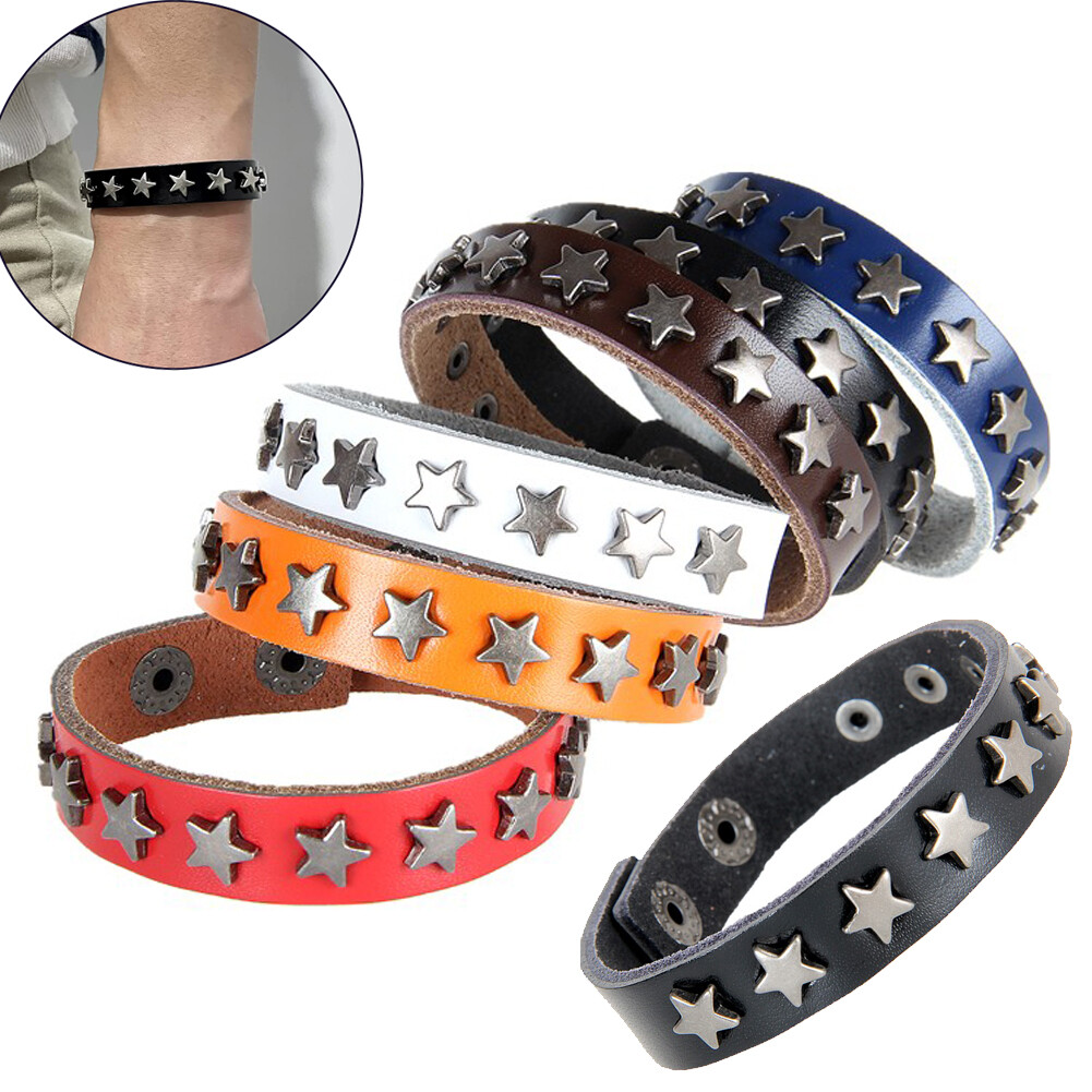 Punk Hip Hop Leather Bracelet Men Star Spikes Rivet Gothic Wide Studded Bracelet