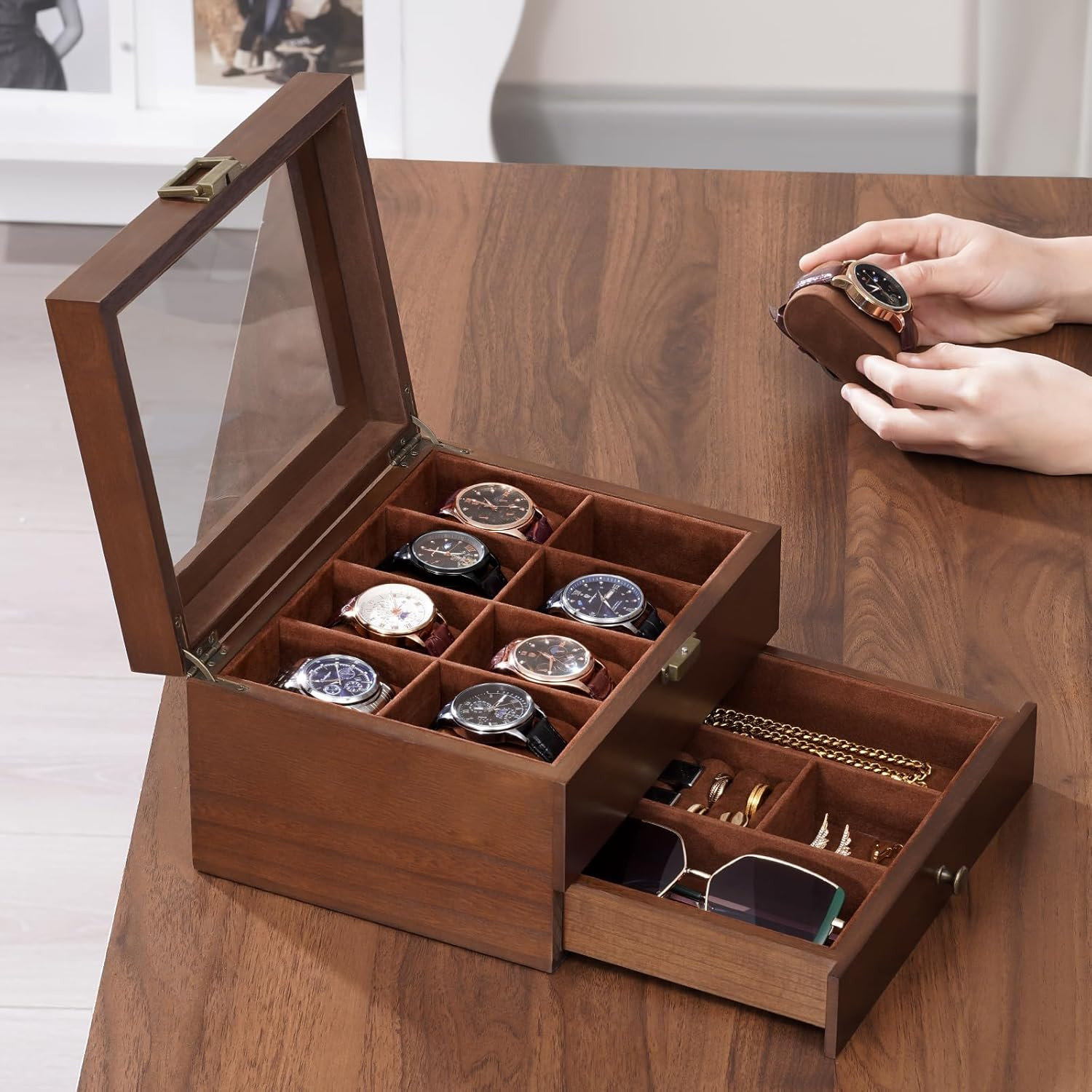 Wooden Watch Case for Men, 8 Slot Mens Watch Box with Drawer, 2-Layer Watch Disp
