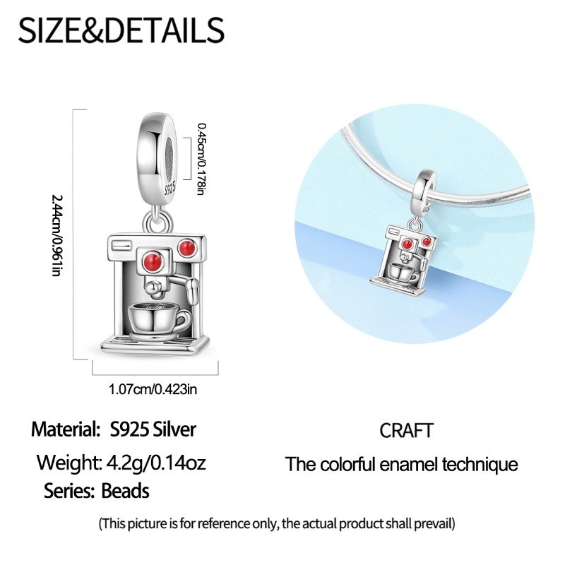 KUNSIR Sterling Silver Coffee Machine Pendant Charm for Bracelet DIY Charms Gift