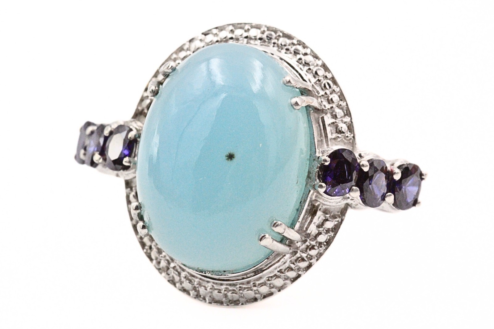 Karis STS Signed Rhodium Plate Light Blue Glass Cab Purple CZ Cocktail Ring Sz 9