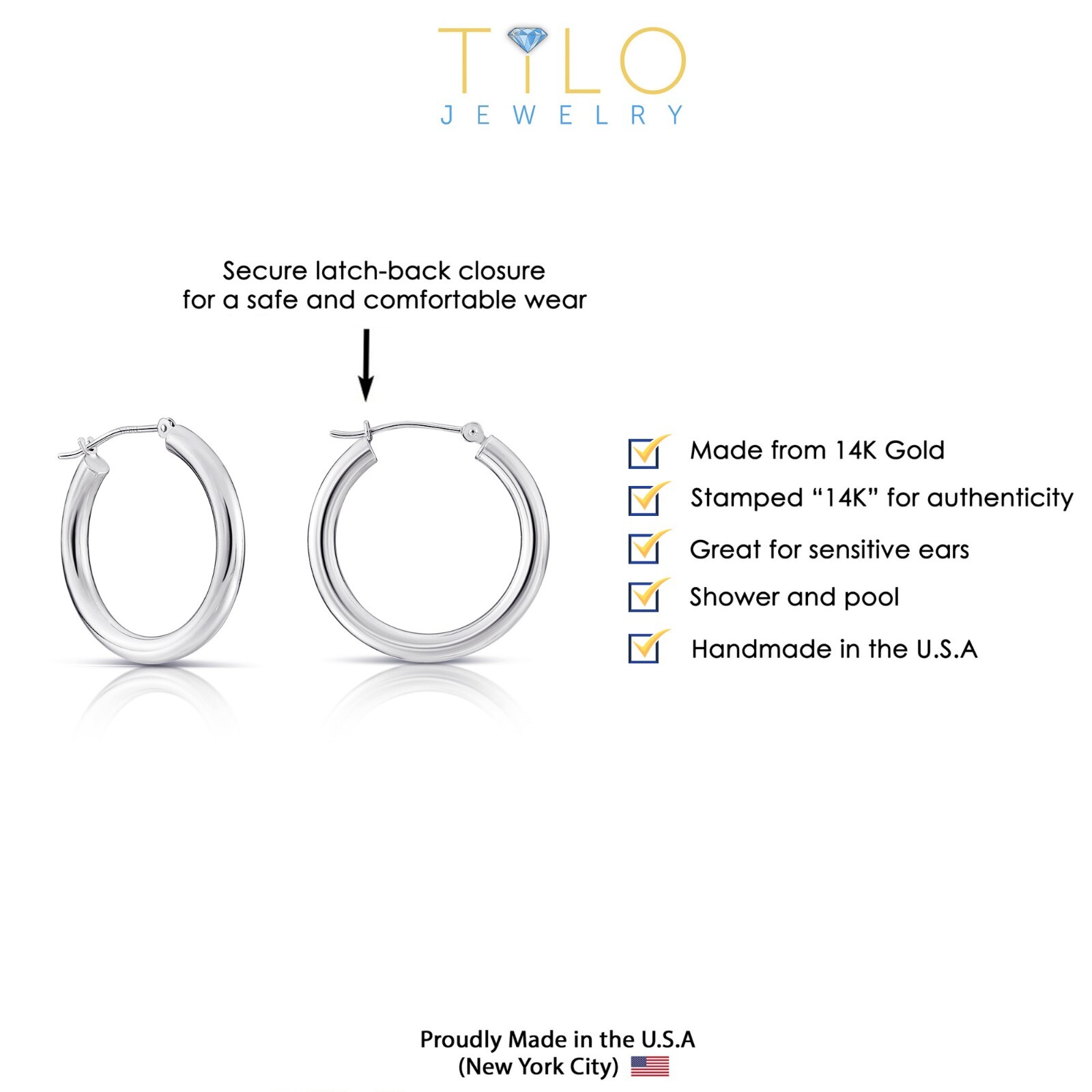 14K Solid White Gold Shiny Polished Round Chunky Creole Hoops Earrings All sizes