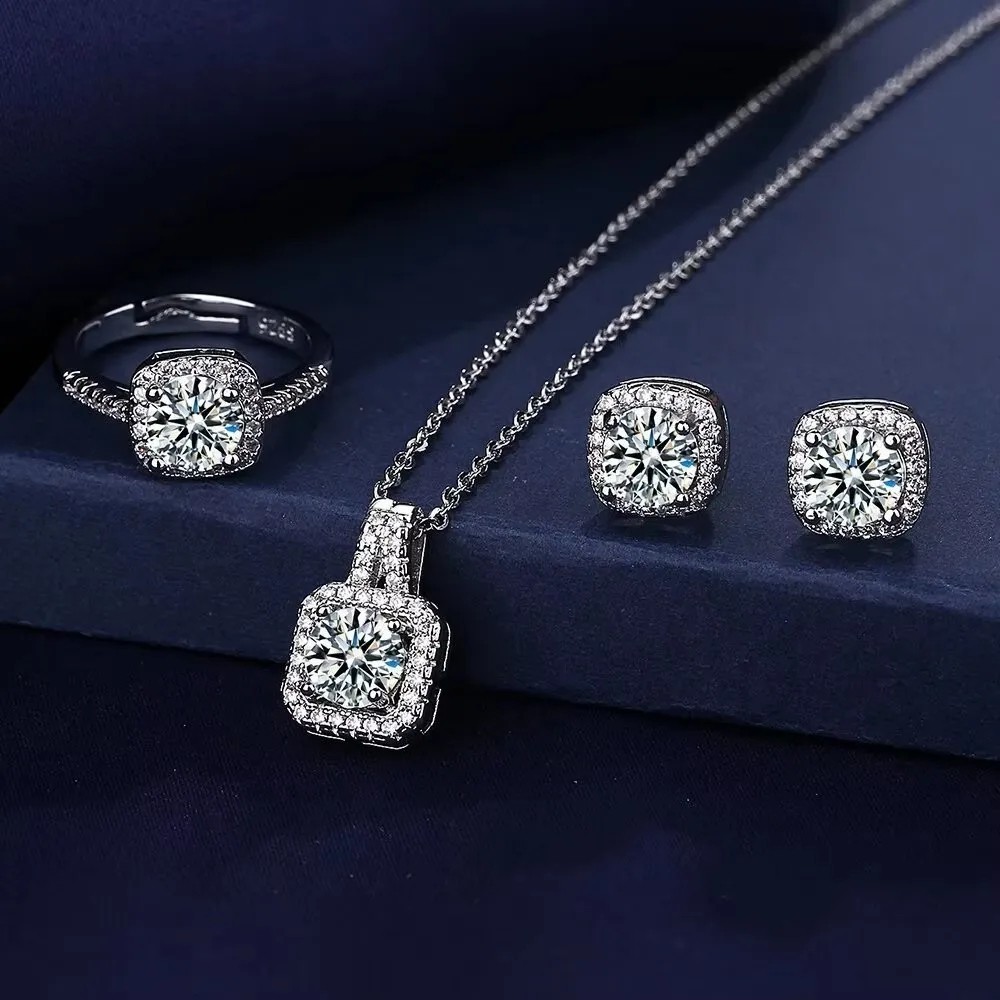 3PCS CZ Stone Jewelry Set Necklace Earrings Ring Silver Tone Women Gift