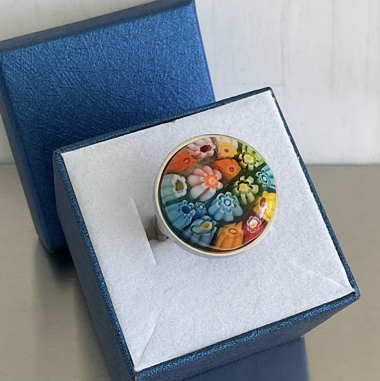 Multi Color Round Murano Millefiori Style Glass Ring Stainless Steel SZ 6, 9, 10
