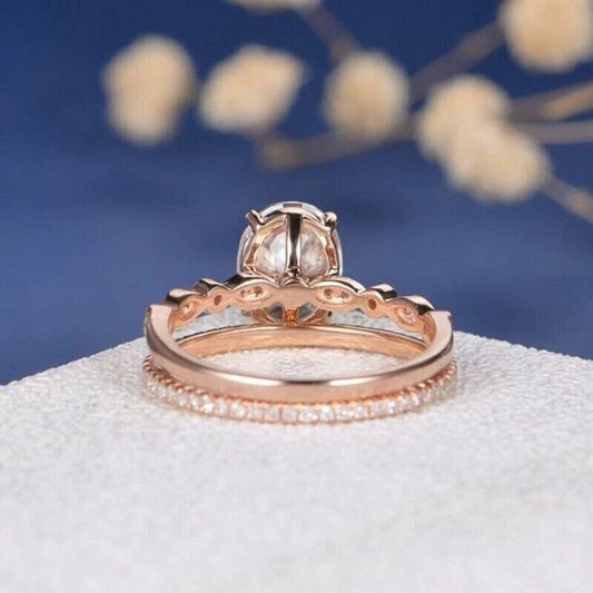3CTW Oval VVS1 Moissanite Solitaire Wedding Band Ring Set 14K Rose Gold Plated