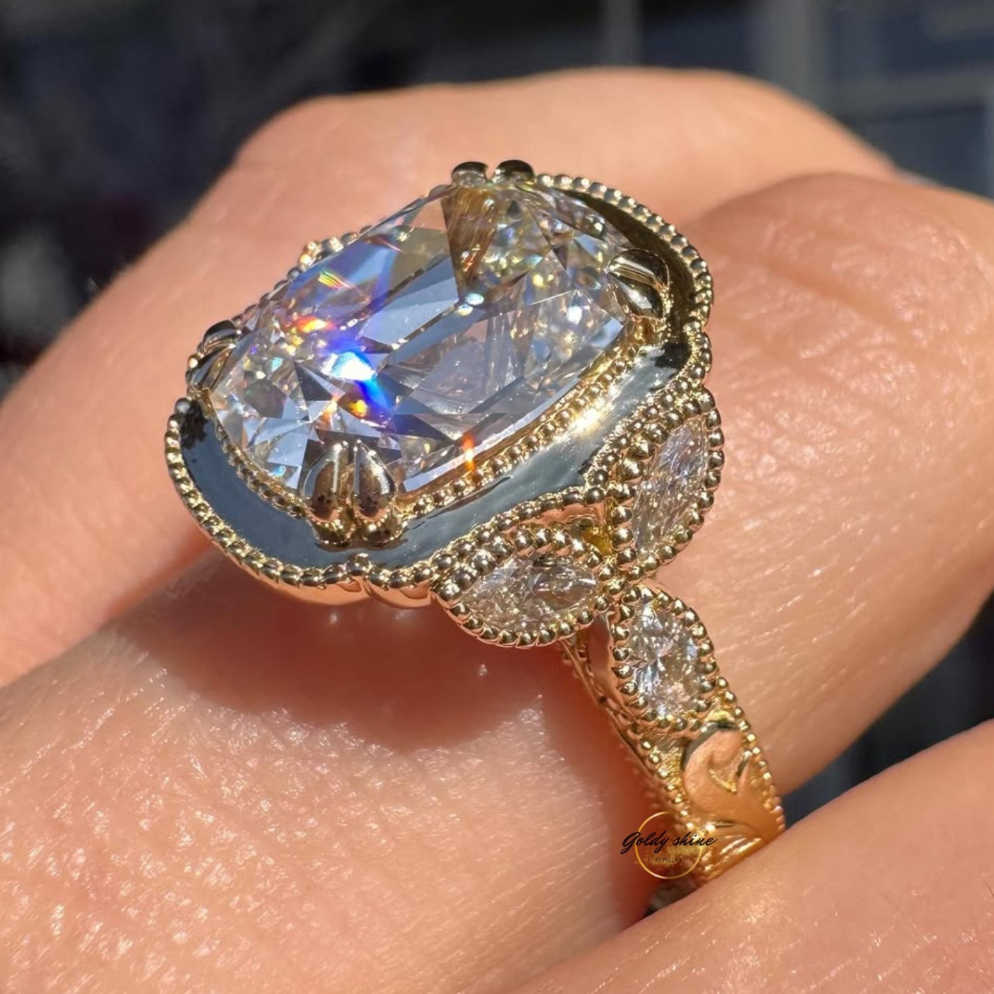 Vintage 5 CT Old Mine Cushion Cut Moissanite ring 14K Yellow gold plated
