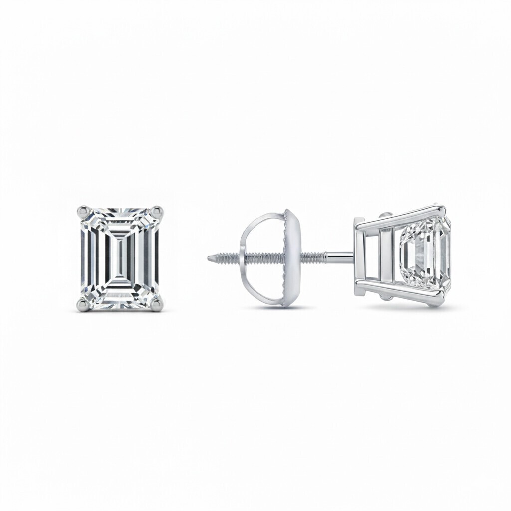 1 Ct Emerald Lab Created Moissanite Earrings 18k White Gold Vermeil Screw