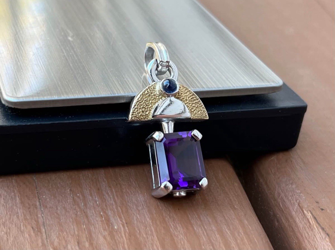 925 Marked Faux Amethyst Egypt – Style “Winged” Purple Insert Heavy Pendant