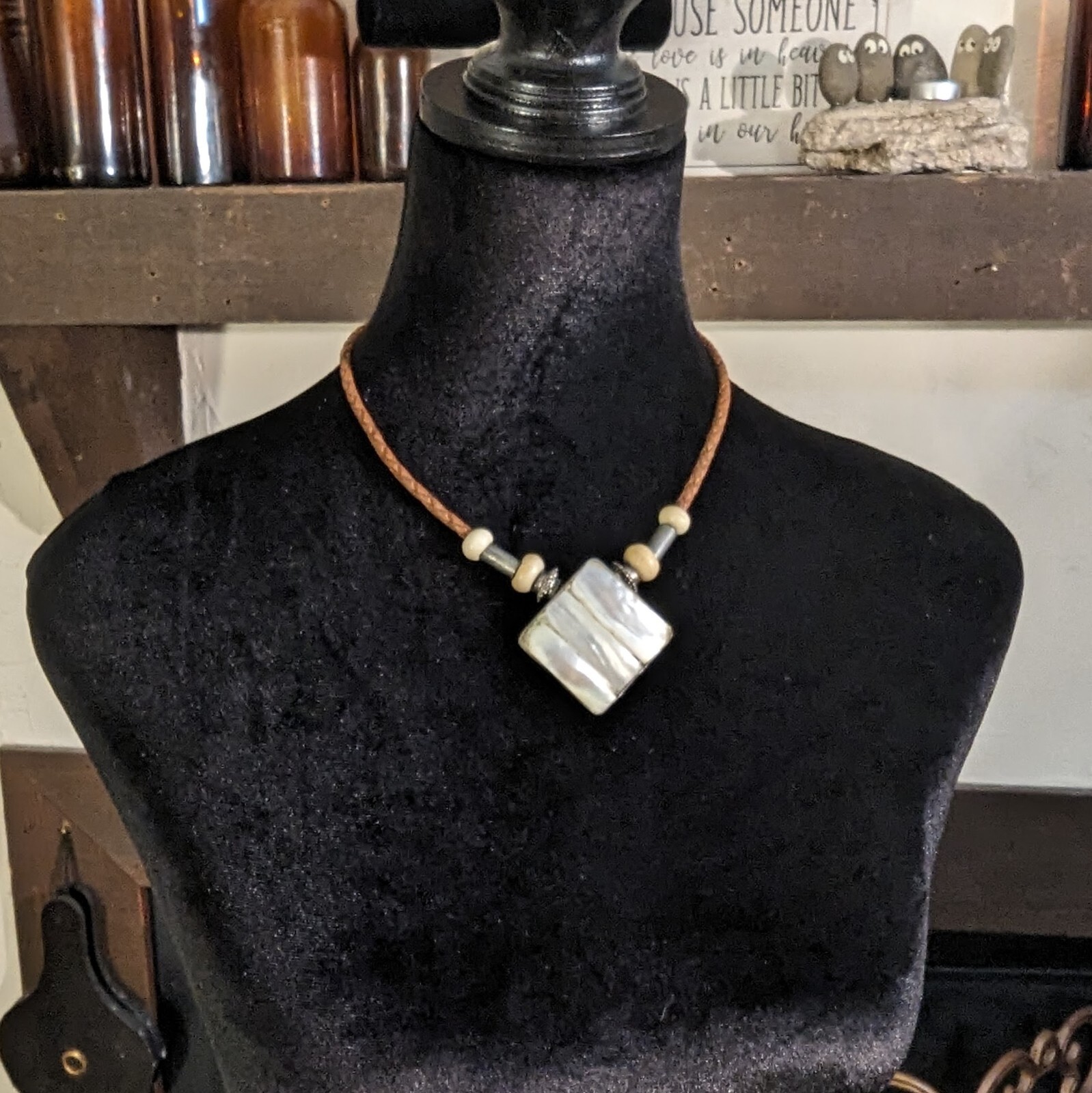 Artisan Braided Leather Cord Bone Beads Large Mother of Pearl Medallion Choker